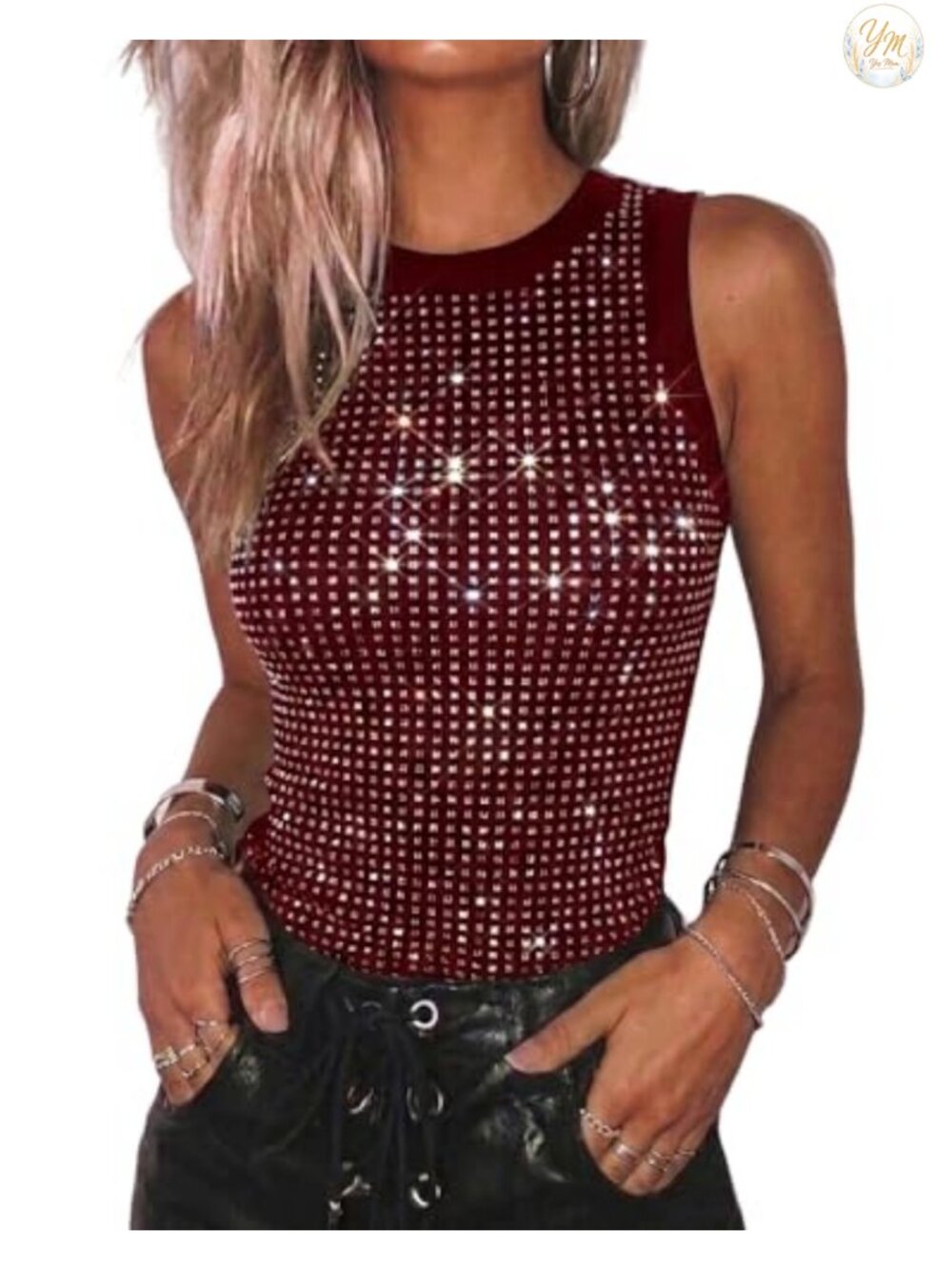 Rhinestone Ribbed Tank Top Sleeveless Slim Fit Summer Party Womens